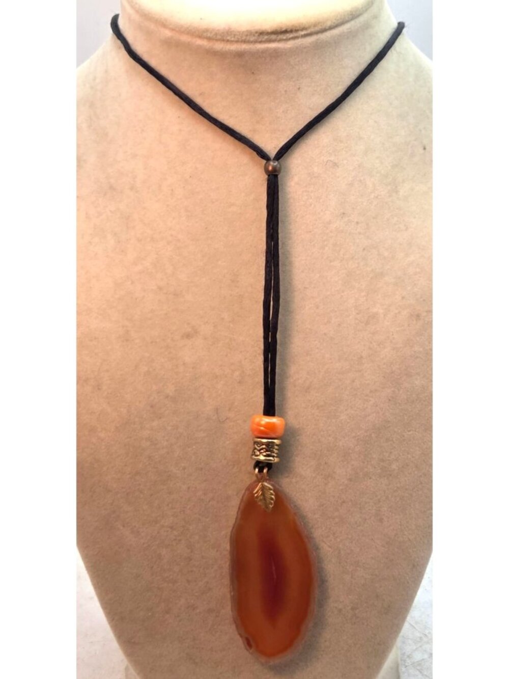 Natural Agate Pendant Necklace With Adjustable Black Cord & Orange Bead Accent